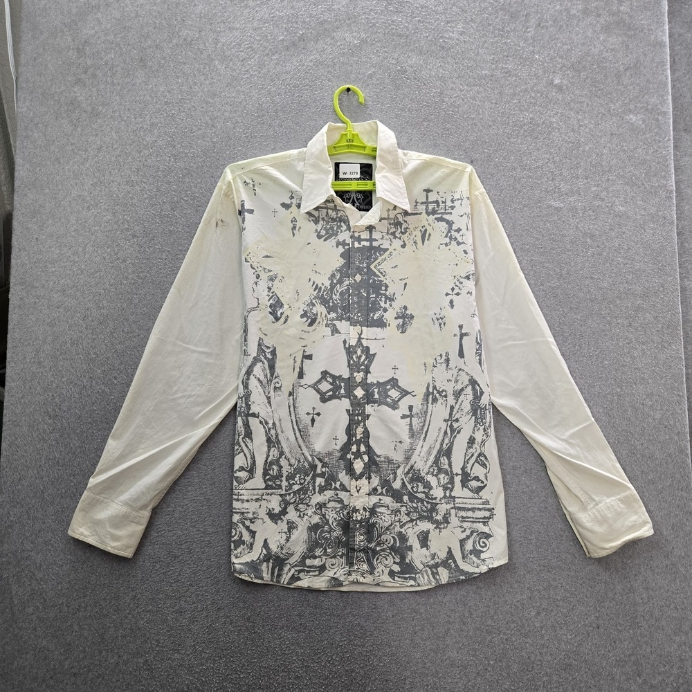 Roar Men Button Up Shirt M Cream Y2K Grunge Graphic Abstract Cross